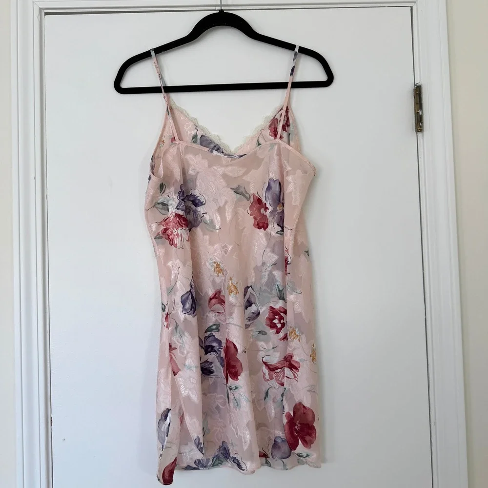 Angelique Vintage Floral‎ Robe & Slip Set Pink Jacquard Lace Trim Large made USA